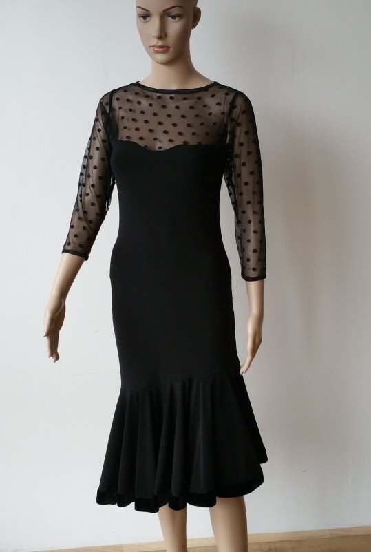 Black Ballroom Latin dress with polka dots mesh and godets