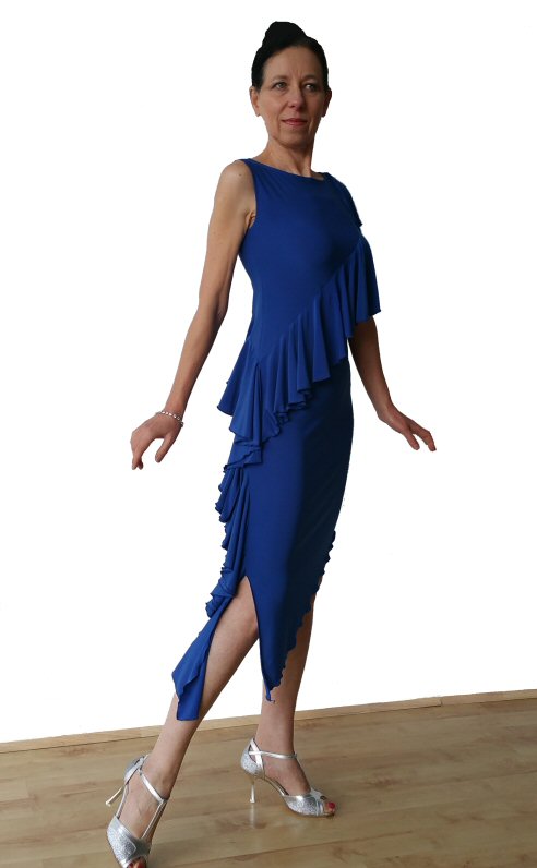 Long diagonal frill Blue Latin dress