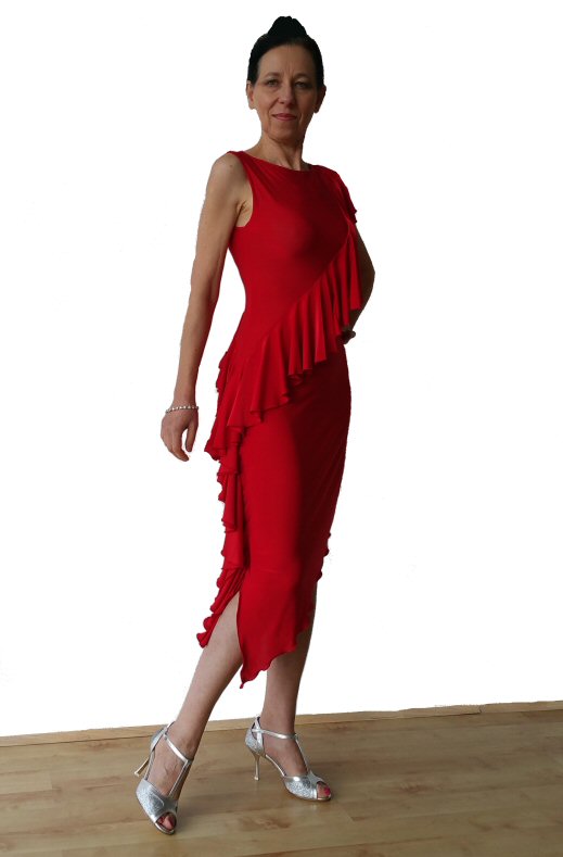 Long diagonal frill Red Latin dress