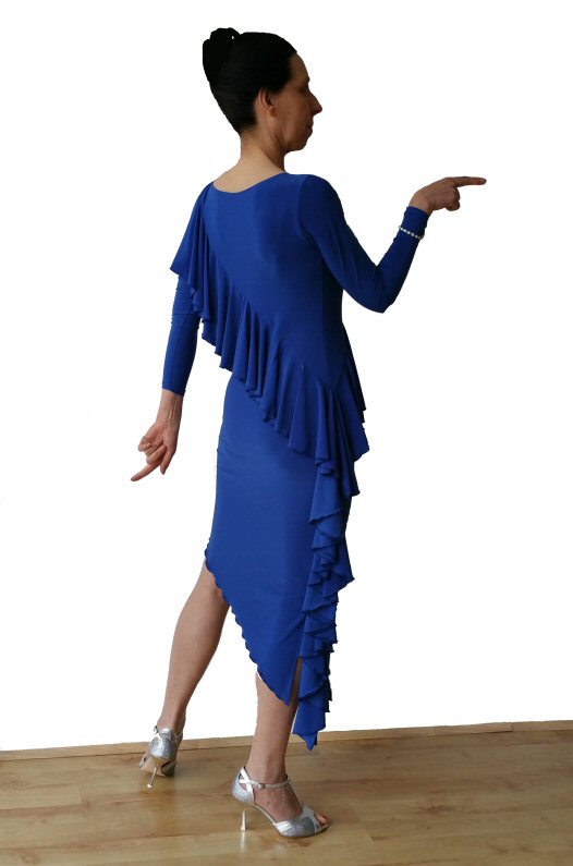 Diagonal frill Blue Latin dress with sleeves