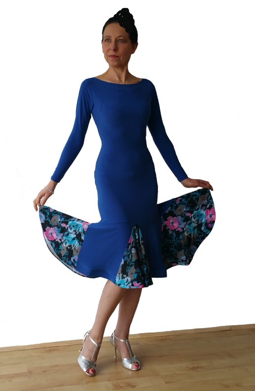 Long sleeve Open back Latin dress. Blue/ Flower print
