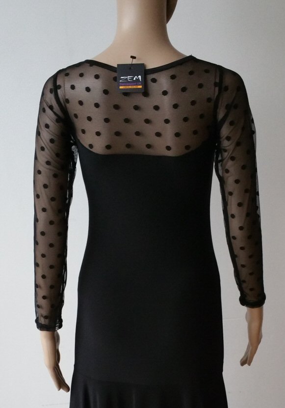 Black Ballroom Latin dress with polka dots mesh and godets