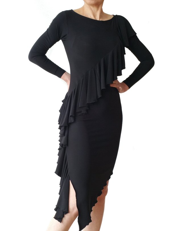 Diaginal frill Black Latin dress with sleeves