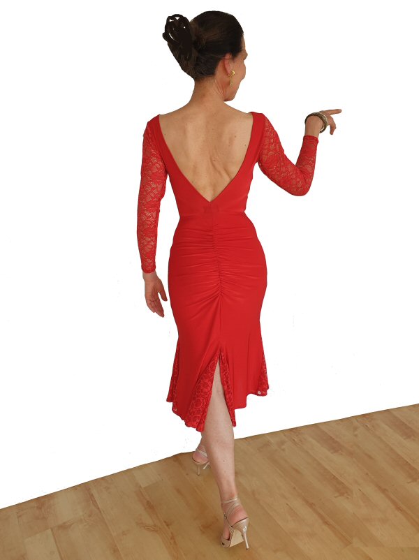 Open back Argentine Tango dress with lace godets