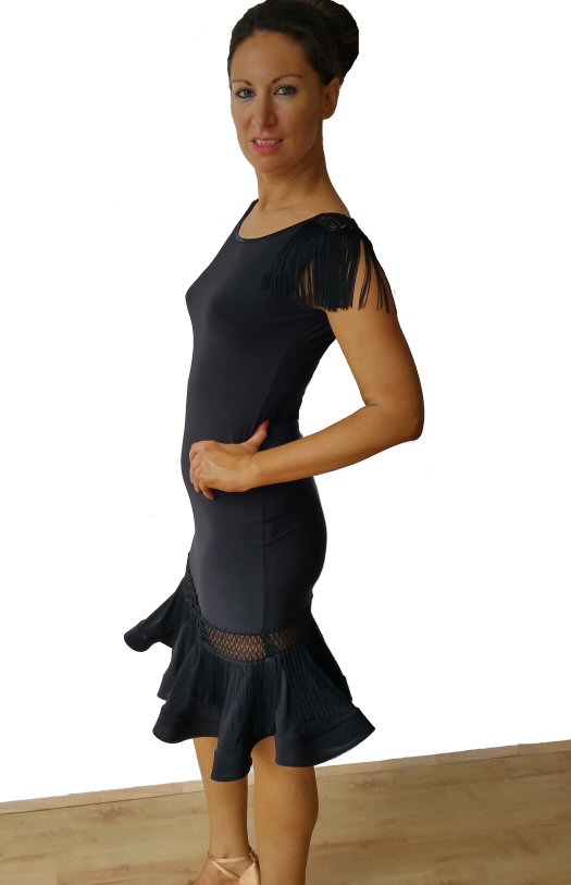 Stretchy black knee length dress with fringe