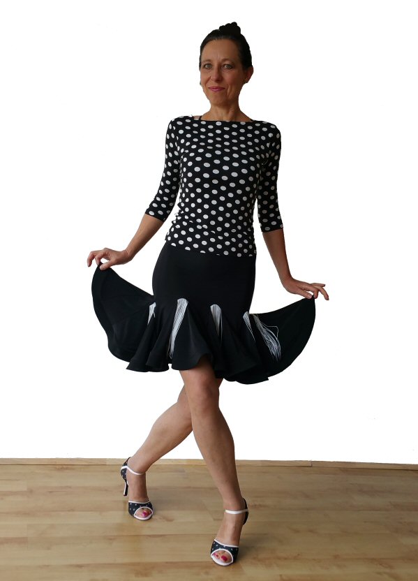 Black / white Polka dots top and Latin fringe skirt