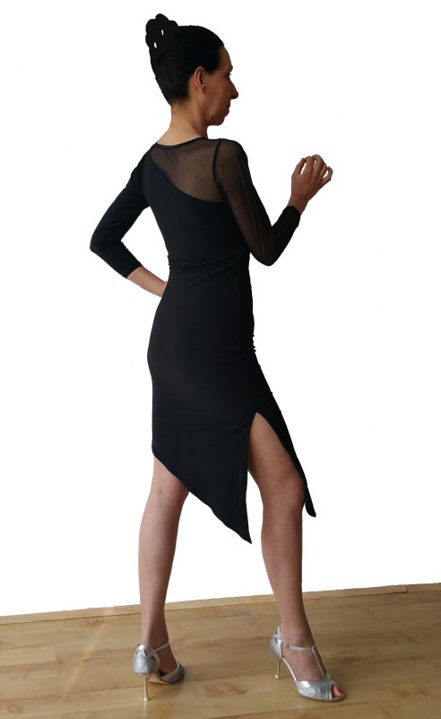 Asymmetrical Latin practice dress with mesh sleeves