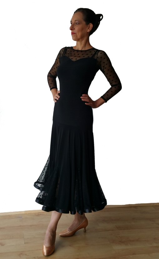 Panel Ballroom dress with mesh sleeves and godets