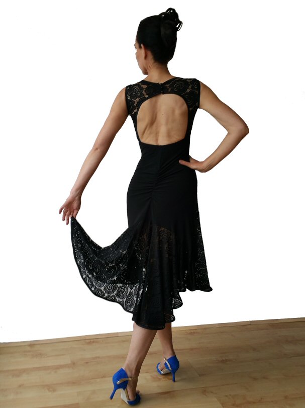 Open back black lace milonga argentine tango dress