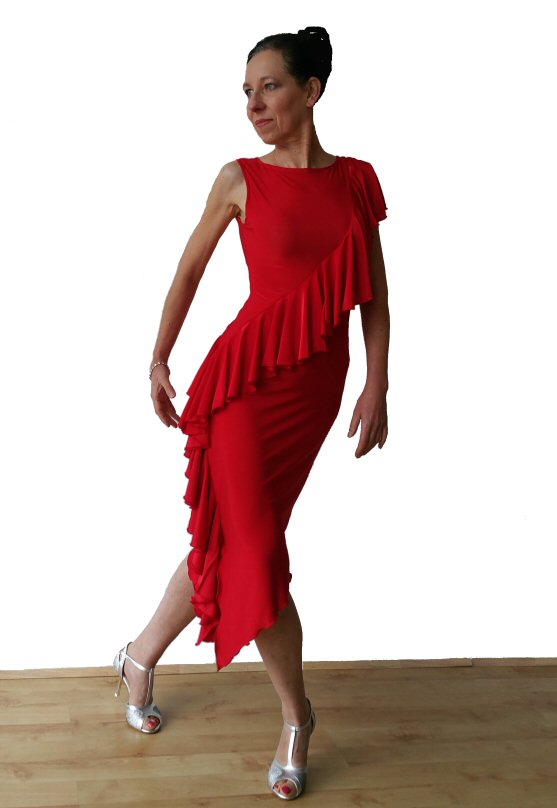 Long diaginal frill Red Latin dress