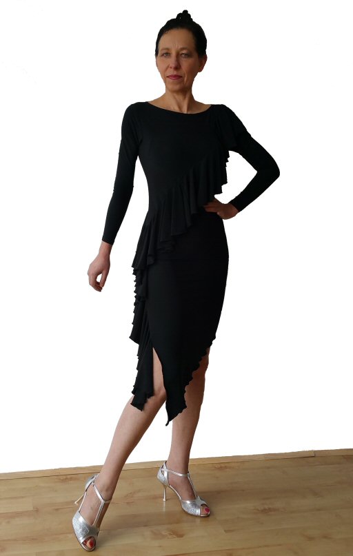 Diagonal frill Black Latin dress with sleeves