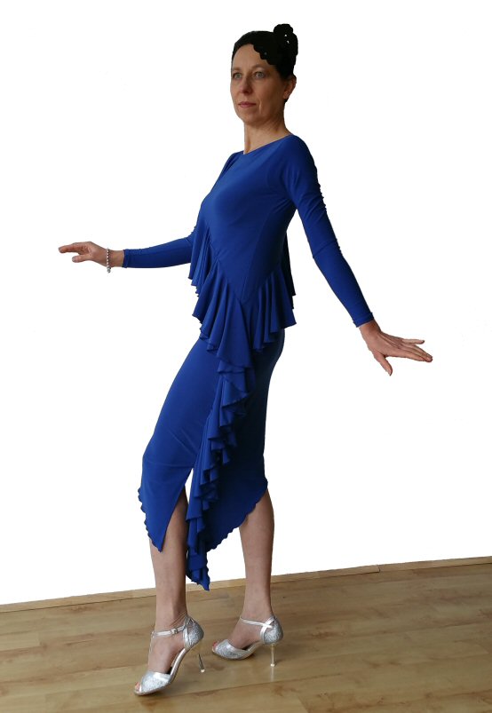 Diagonal frill Blue Latin dress with sleeves