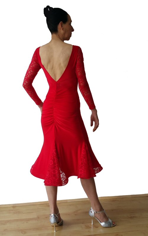 Long sleeve Open back Red lace Latin dress