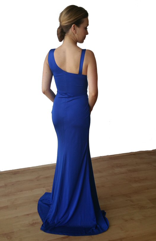 Blue full length evening dress with golden snake